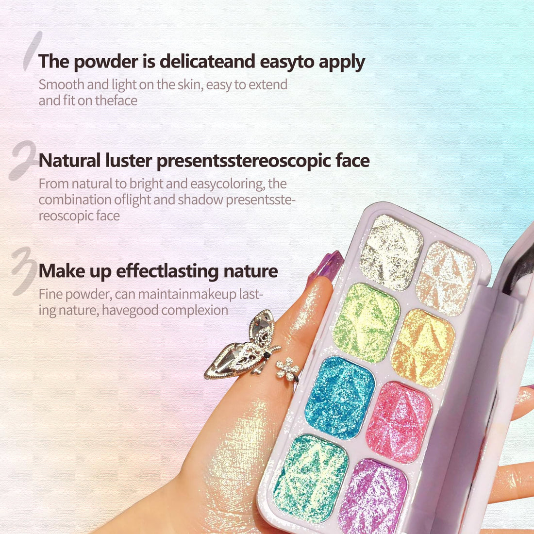 SUMEITANG 8 Colors Highlighter Makeup Palette,Shimmer Glitter Multichrome Highlight Powder luminizers,All Sparkling Shades Can Be layered or Worn Individually to Enhance & Brighten Your Face Features