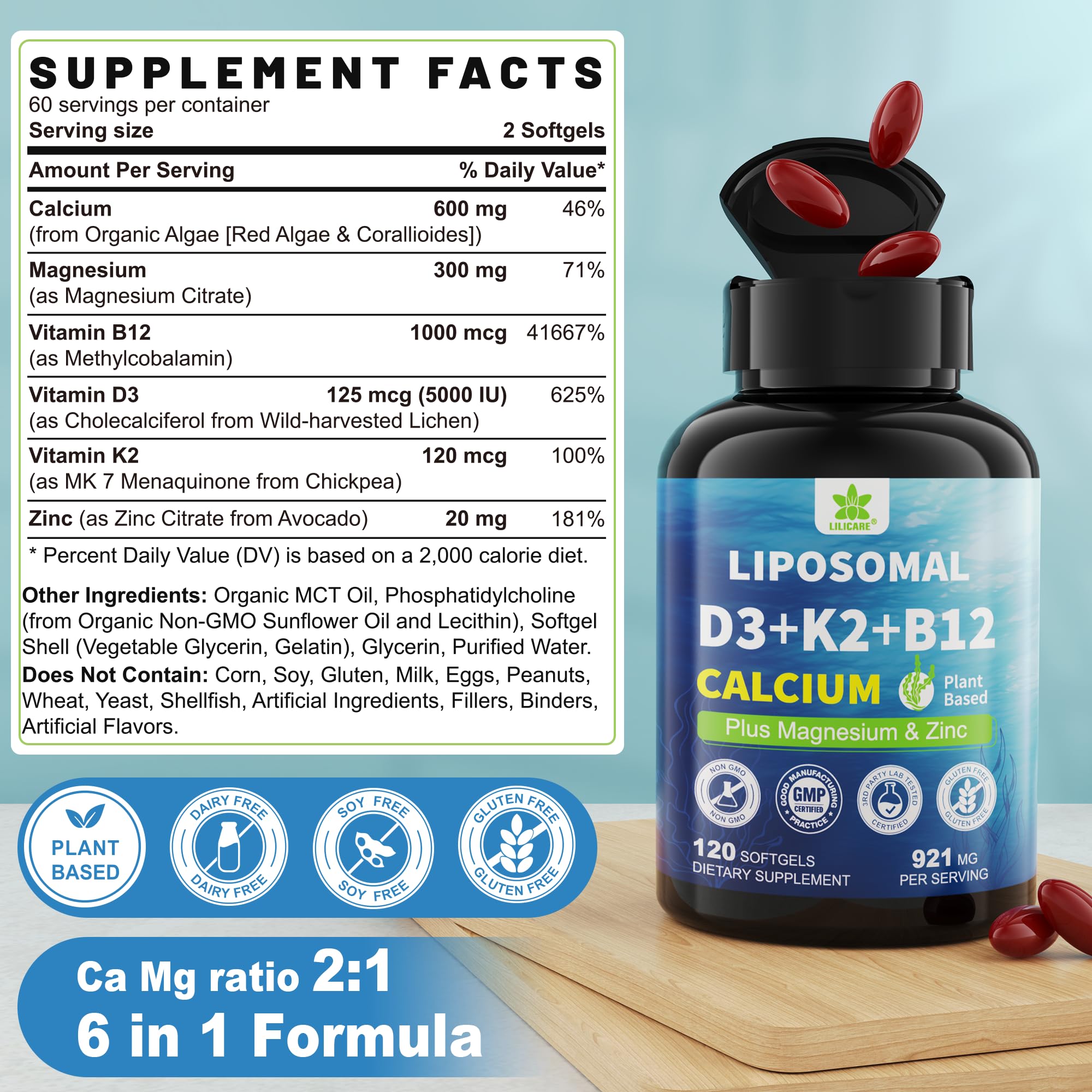 LILICARE 6-in-1 Liposomal Vitamin D3 K2 Calcium Supplement - Plant Based Calcium 600mg with Vegan Vitamin D 5000 IU + Vitamin K2 MK7 + B12, Algae Magnesium Zinc for Bone, Max Absorption - Pack of 1