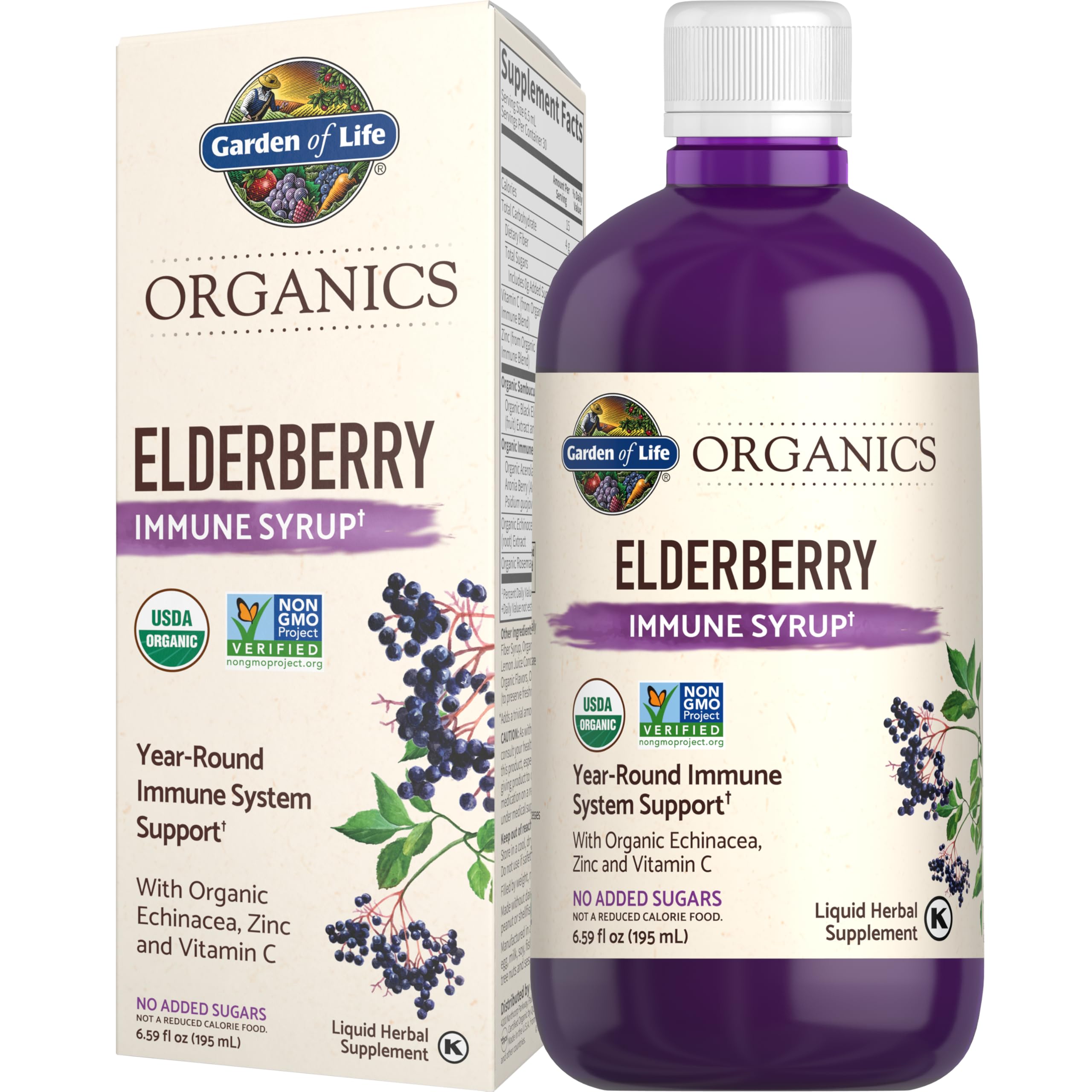 Garden of Life Organics Plant-Based Elderberry Immune Syrup 6.59 fl oz (195 Ml) for Kids & Adults: Sambucus, Echinacea, Zinc & Vitamin C, 0g Sugar, Organic Vegan Gluten Free Herbal Supplement