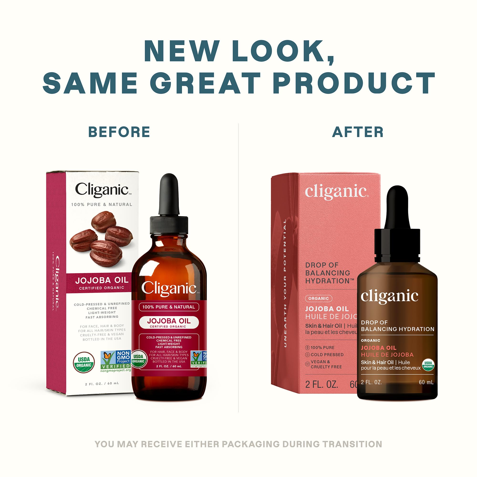 Cliganic USDA Organic Jojoba Oil, 100% Pure (2oz) | Natural Cold Pressed Unrefined Hexane Free Oil for Hair & Face | Base Carrier Oil (Packaging May Vary)