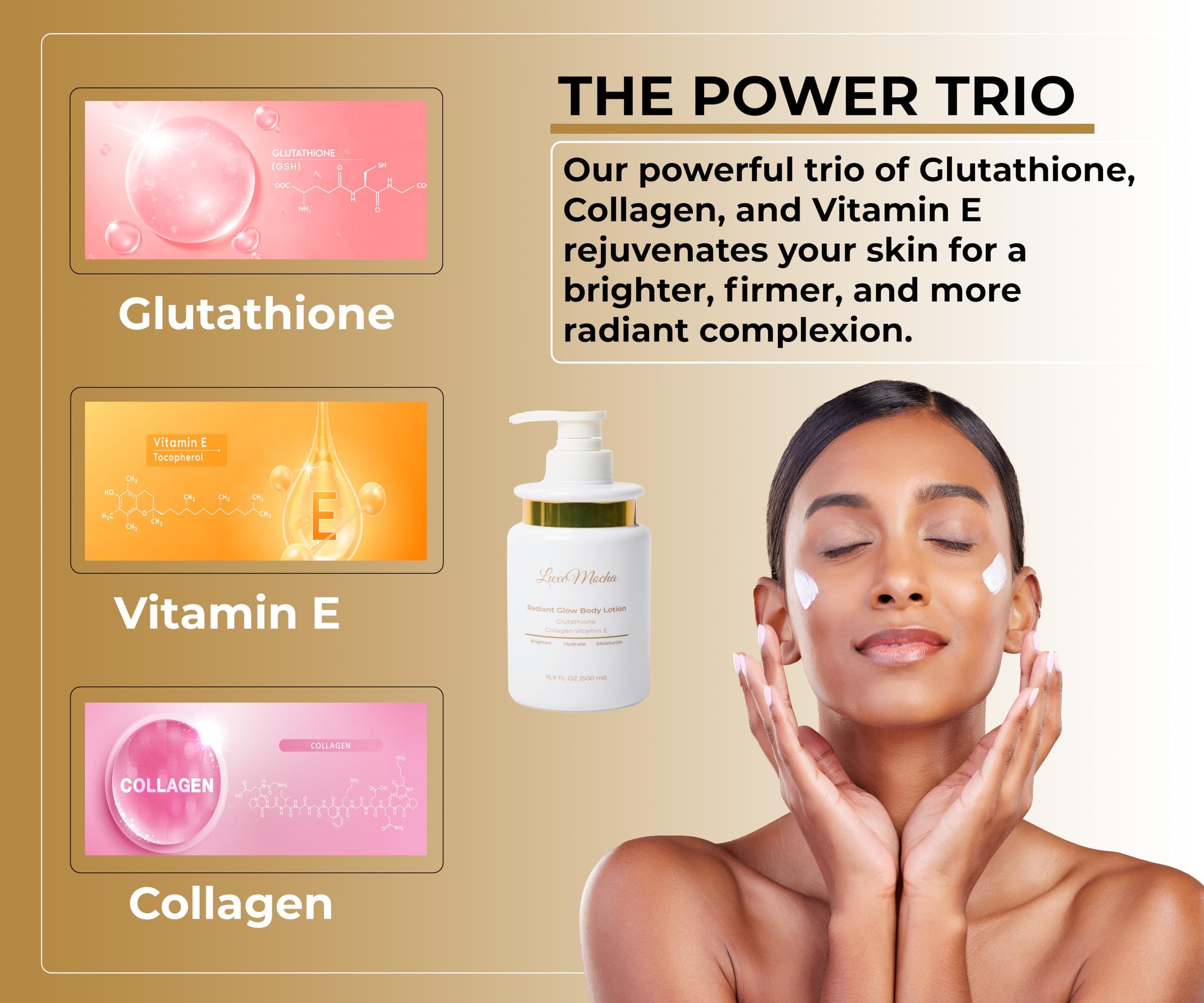 LuxeMocha Skin Brightening Lotion | Glutathione cream, Collagen, Vitamin E, Dark Spots, Fine Lines & Wrinkles, Even SkinTone, brightening lotion for body, 16.9 Fl Oz Bottle