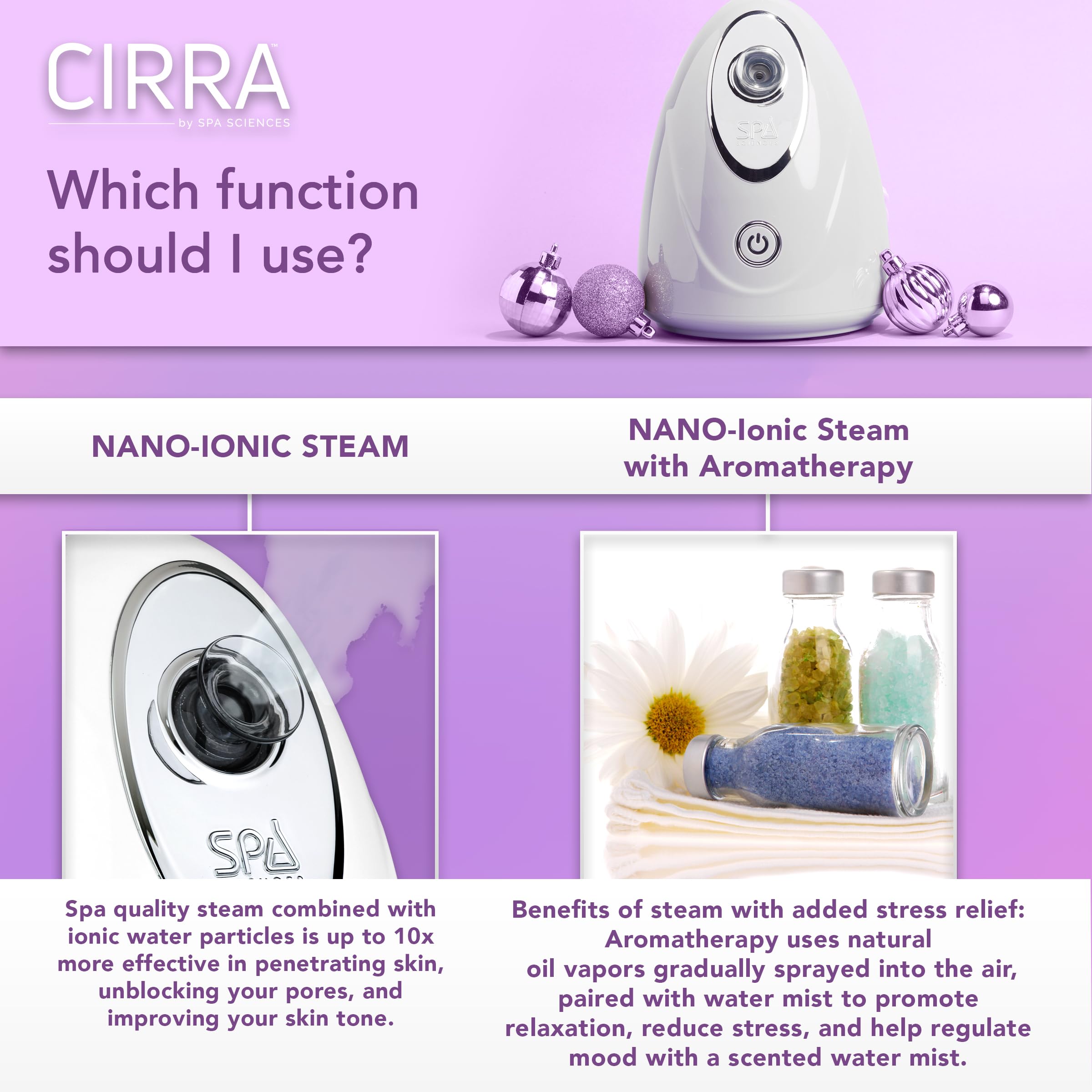 Spa Sciences - CIRRA Facial Steamer - Aromatherapy Function - for Pore Detox and Circulation - Includes Essential Oil Basket and Water Tank - Pairs with NOVA, MIO, Bella, LELA - for All Skin Types