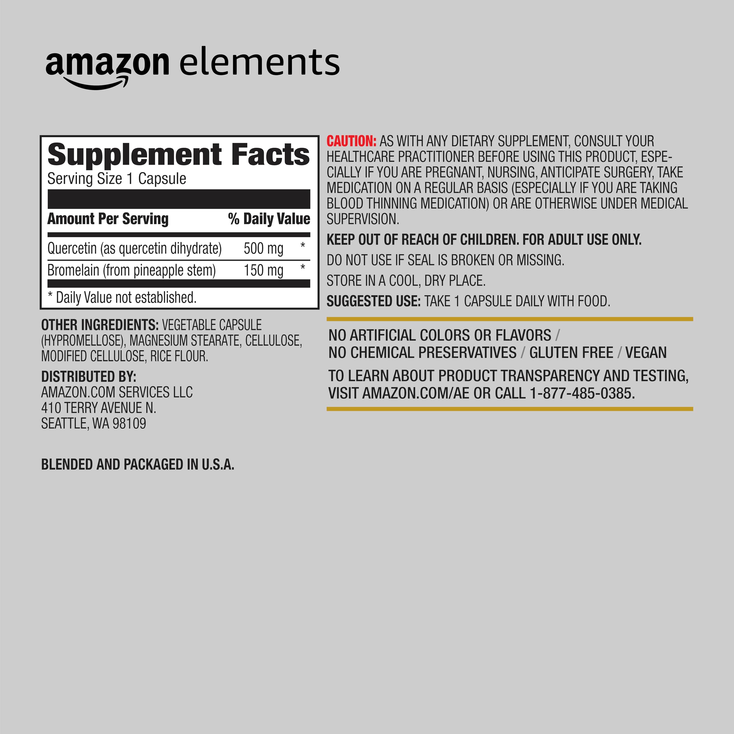 Amazon Elements Quercetin + Bromelain, 500 mg Quercetin with 150 mg Bromelain, Vegan, Pineapple, 50 Capsules