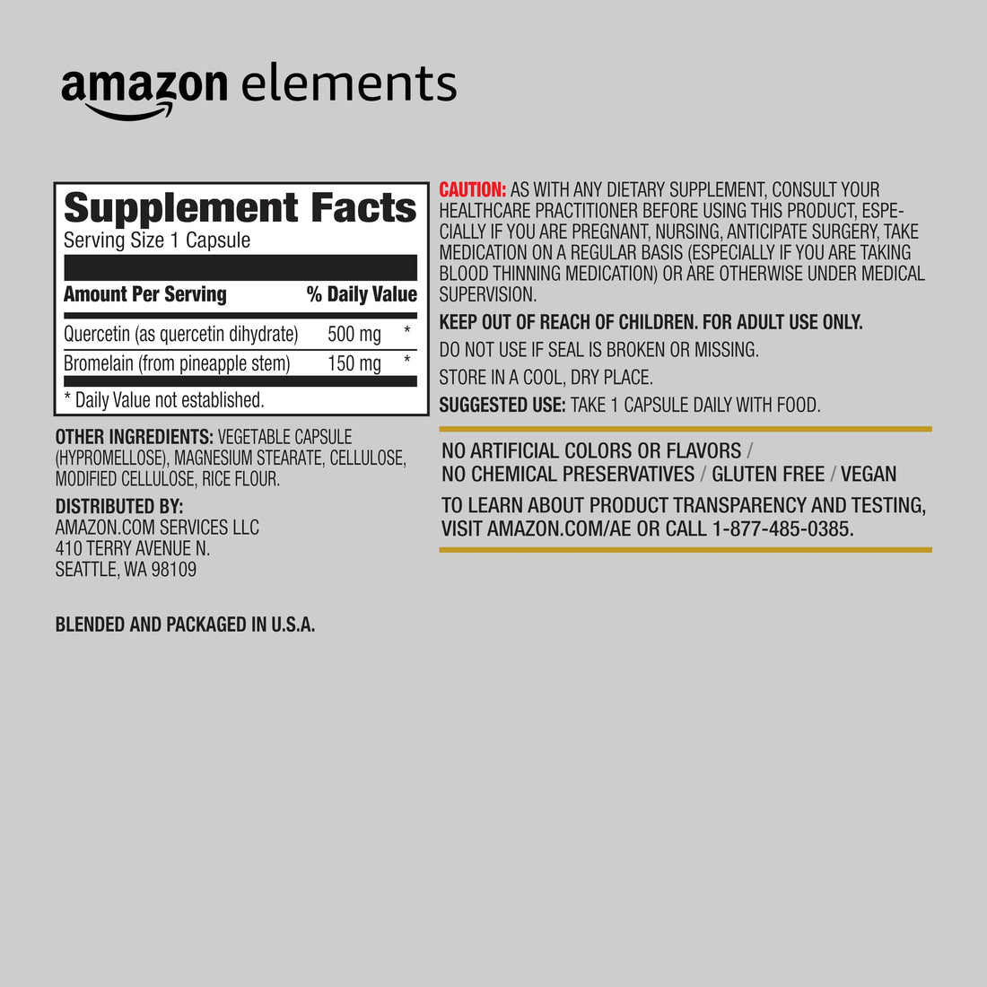 Amazon Elements Quercetin + Bromelain, 500 mg Quercetin with 150 mg Bromelain, Vegan, Pineapple, 50 Capsules