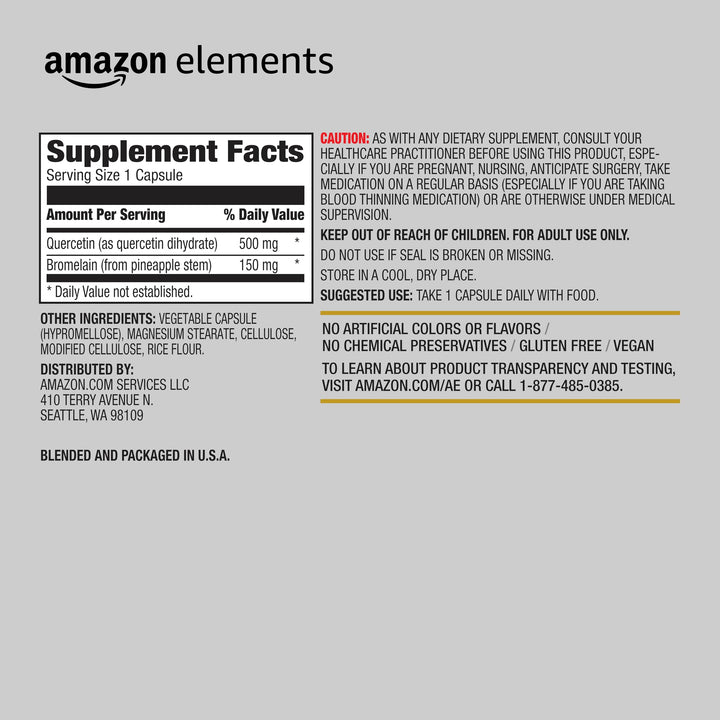 Amazon Elements Quercetin + Bromelain, 500 mg Quercetin with 150 mg Bromelain, Vegan, Pineapple, 50 Capsules