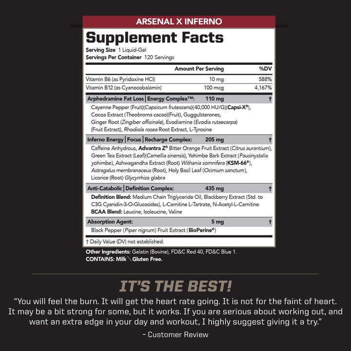 PMD Sports Arsenal X Inferno Superior Fast-Acting Liquid Gel Thermogenic Dietary Supplement - Fat Burner and Muscle Maintenance - Increase Metabolism and Energy Booster - 120 Liquid Gels