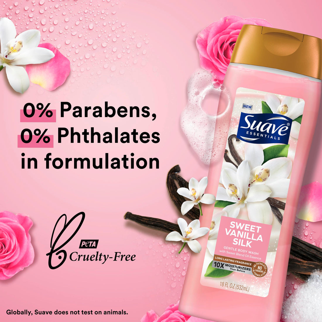 Suave Moisturizing Body Wash Women, Sweet Vanilla with Vitamin E and Aloe Extracts, No Parabens, No Phthalates, 18 Oz (Pack of 6)