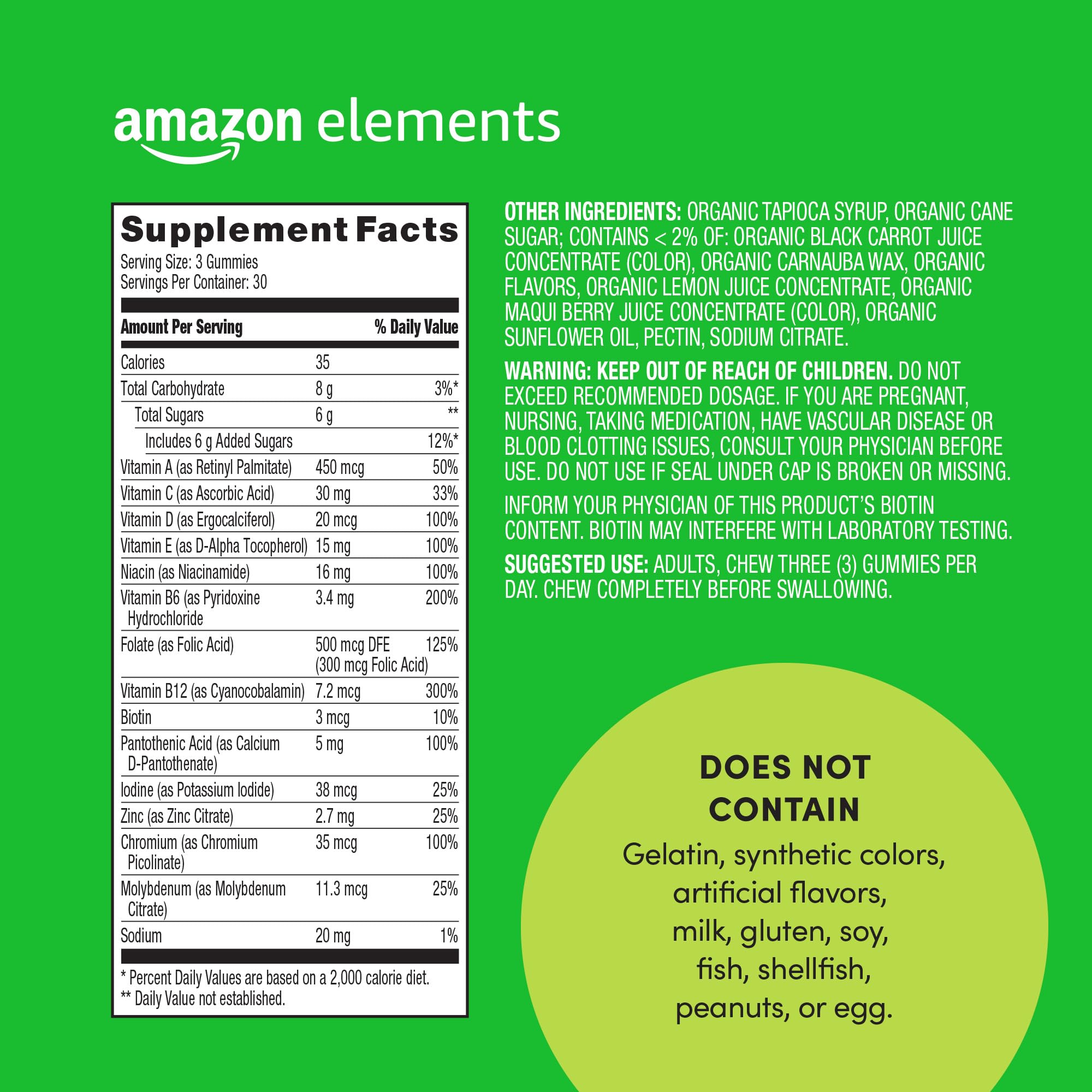 Amazon Elements - Men’s Organic Multivitamin, 90 Gummies (3 Gummies per Serving), Vegetarian, Gluten free, Certified Organic (Previously Revly)