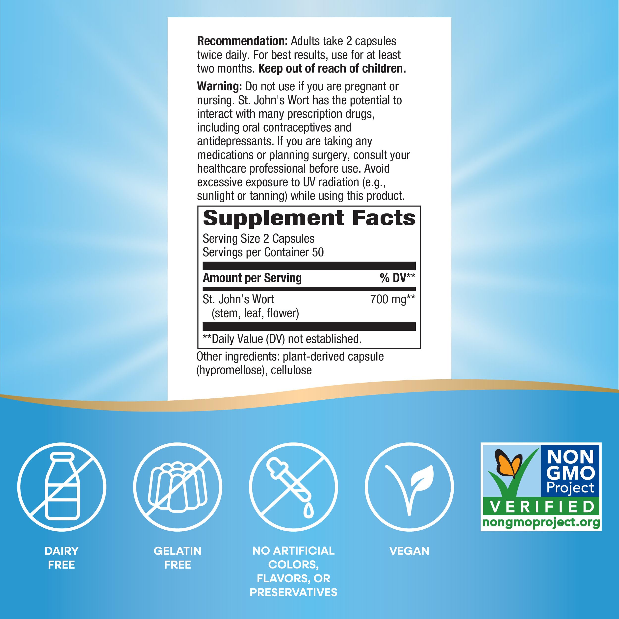 Nature's Way St. John's Wort Herb, Promotes a Positive Outlook*, 700 mg per 2-Capsule Serving, Non-GMO Project Verified, Vegan, 100 Capsules (Packaging May Vary)