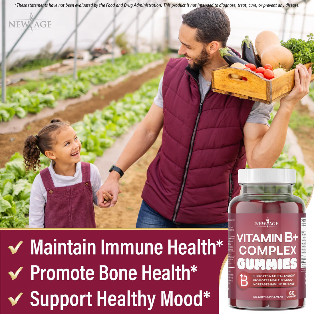 NEW AGE Vitamin B Complex Gummies with Vitamin B3, B5, B6, B7, B9 & B12 – with Biotin, Folic Acid & Vitamin C – Gluten-Free, Vegan, Made in The USA! (60 Count (Pack of 1))