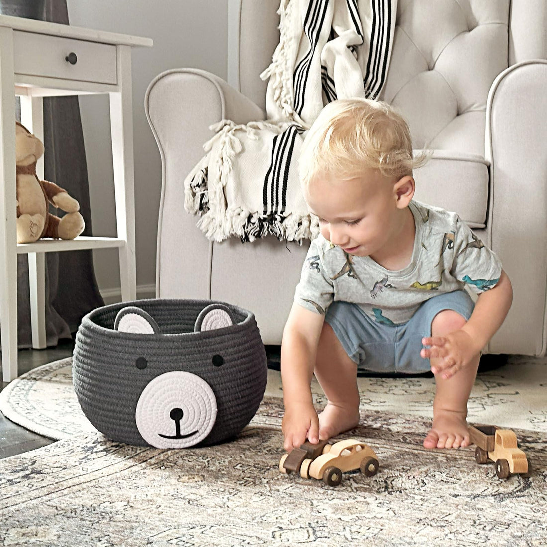 CherryNow Baby Basket for Nursery, Bear Gift Baskets for Kids, Empty Baby Shower Basket with Handles, Small Cute Animal Cotton Rope Baskets, Grey, 10.5D x 8.5H