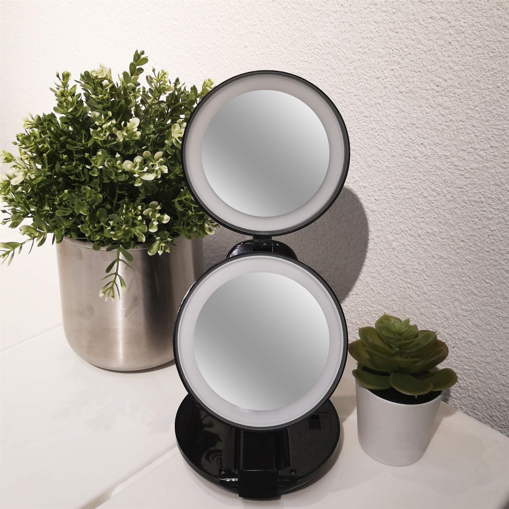 VrHere MirriM LED Lighted Travel Makeup Magnifying Mirror,Magnifies 10x and 1x, Luxury Double Side and Folding Pocket Vanity/Cosmetic Mirror (Black)