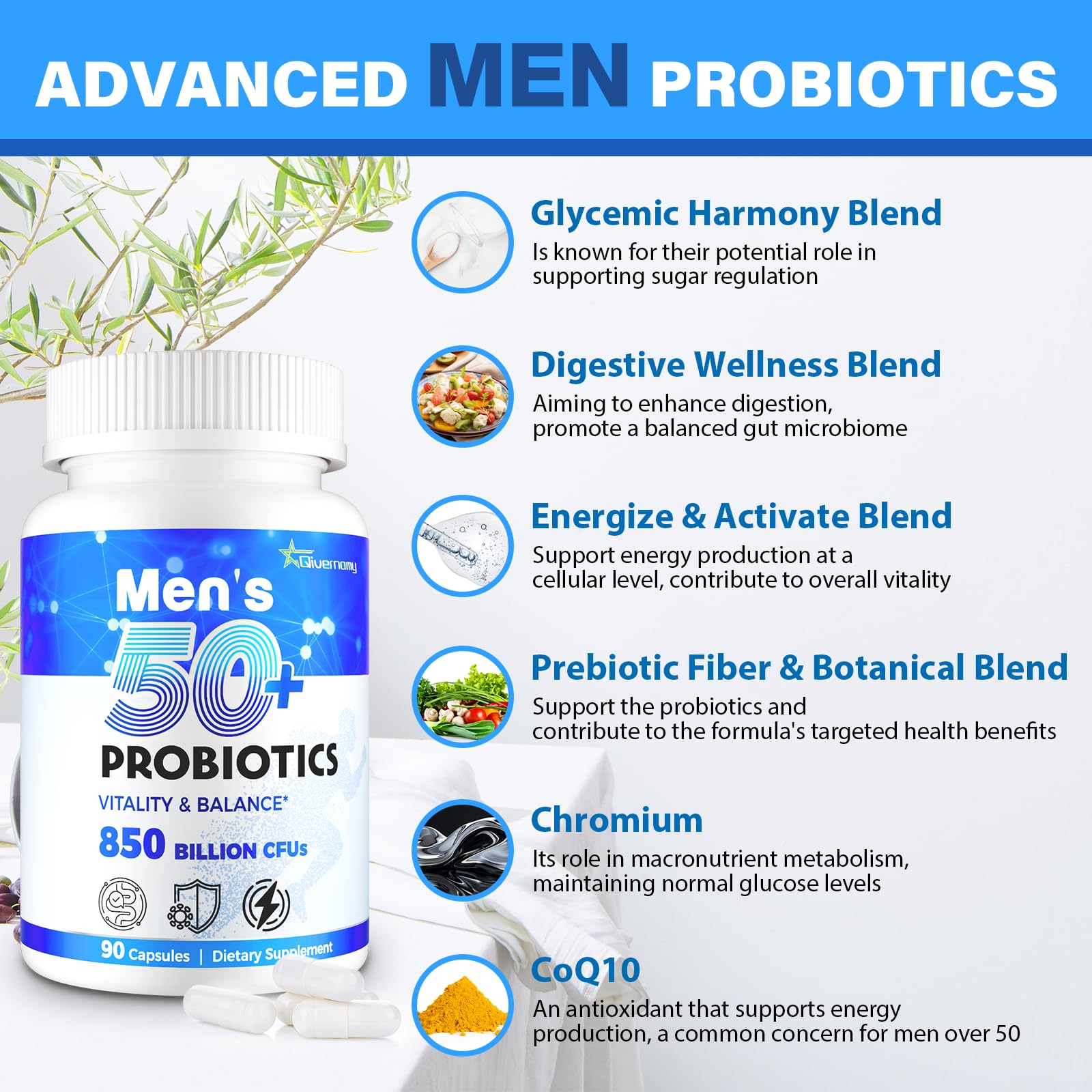 Probiotics for Men, Advanced 50+ Mens Probiotic, Comprehensive Gut & Energy Support with 850 Billion CFU, 1800mg Prebiotics Fiber – Tailored Wellness mens probiotics for gut health over 50, 90 Capsule