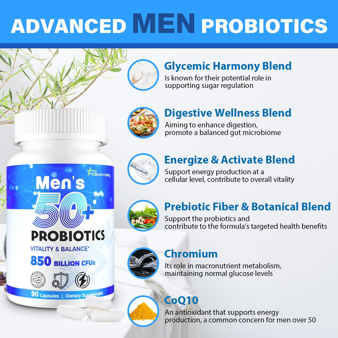 Probiotics for Men, Advanced 50+ Mens Probiotic, Comprehensive Gut & Energy Support with 850 Billion CFU, 1800mg Prebiotics Fiber – Tailored Wellness mens probiotics for gut health over 50, 90 Capsule