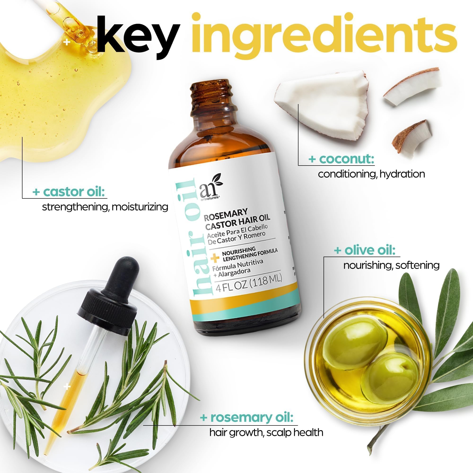 ArtNaturals Organic Rosemary & Castor Hair Growth Oil + Scalp Massager Set – Hair Relaxer for Dry, Itchy Scalp, Thickening & Hydration - Scalp Oil Products For Damaged Hair & Split Ends – 4.0 oz