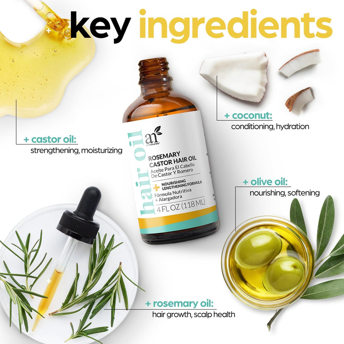 ArtNaturals Organic Rosemary & Castor Hair Growth Oil + Scalp Massager Set – Hair Relaxer for Dry, Itchy Scalp, Thickening & Hydration - Scalp Oil Products For Damaged Hair & Split Ends – 4.0 oz