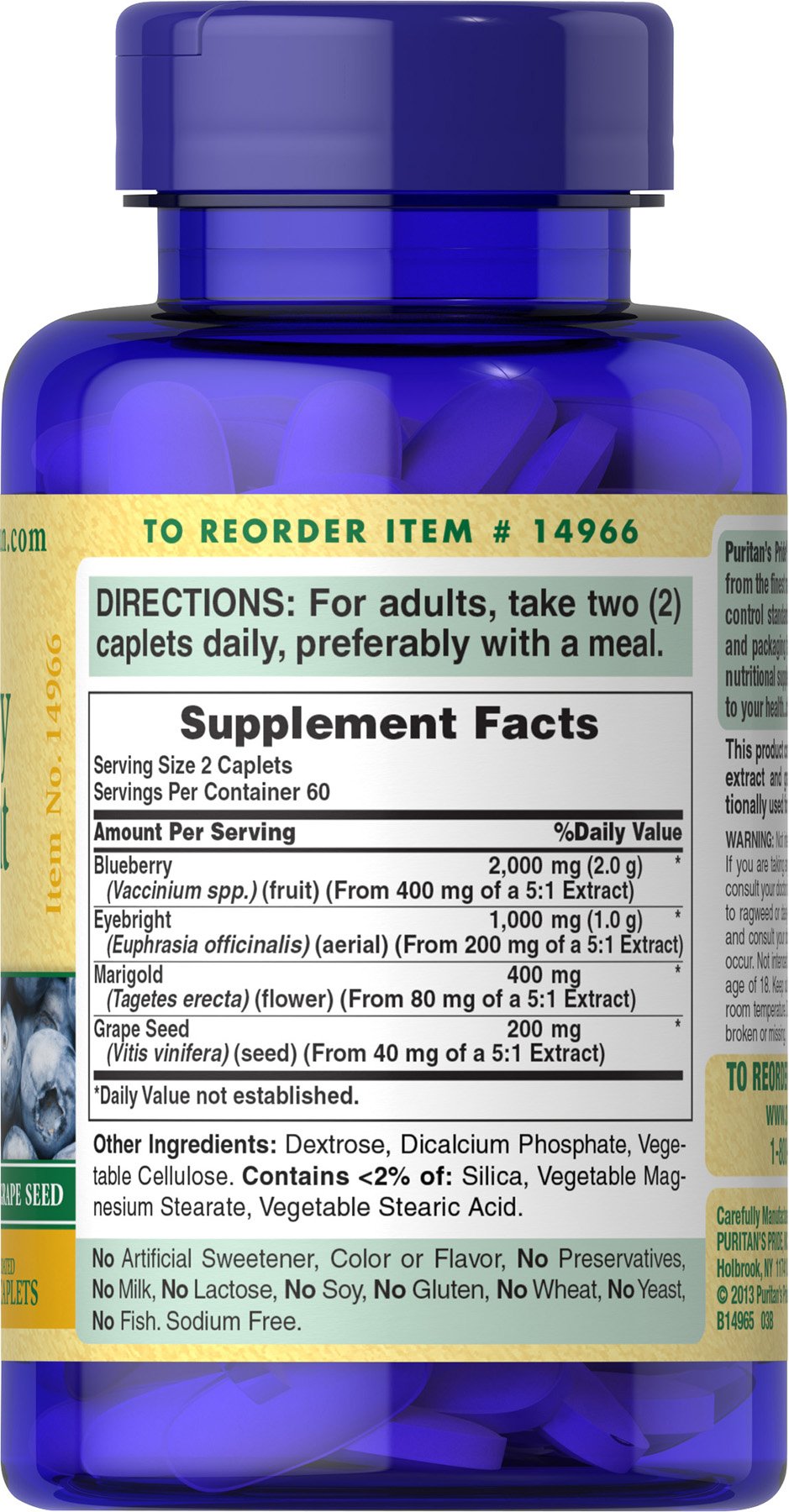 Puritan's Pride Premium Blueberry Eyebright Complex with Extracts of Marigold and Grapeseed, Dietary Supplement for Antioxidant Health, 120 Coated Caplets
