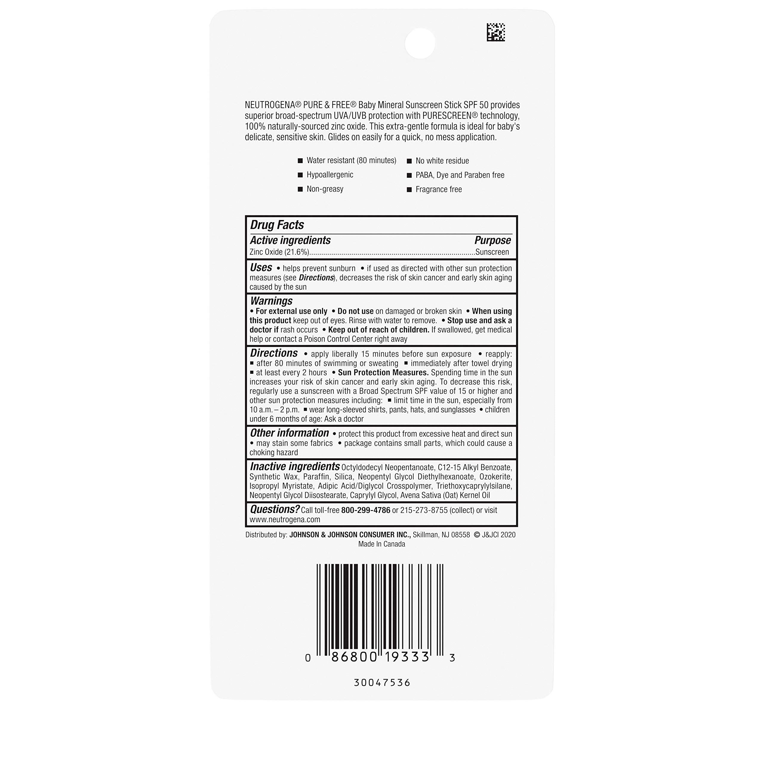 Neutrogena Pure & Free Baby Mineral Sunscreen Stick with Broad Spectrum SPF 50 & Zinc Oxide, Water-Resistant, Hypoallergenic, Paraben-, Dye- & PABA-Free Baby Face & Body Sunscreen, 0.47 oz