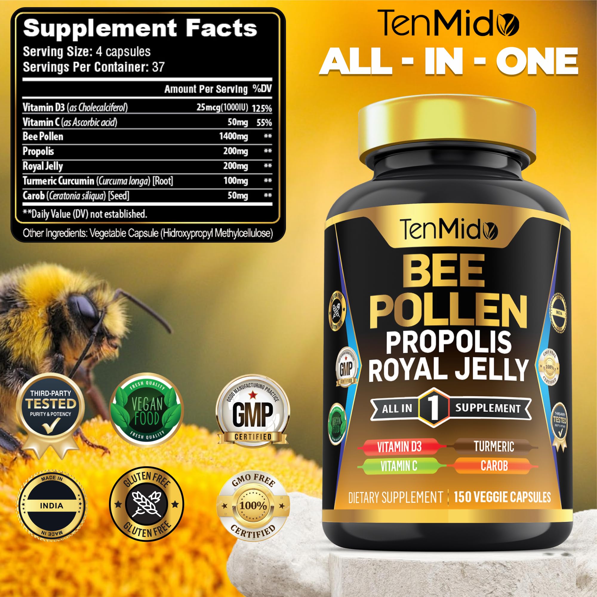 Tenmido Organic Bee Pollen Supplement for Men and Women, 7in1 Formula with Propolis, Royal Jelly, Turmeric, Carob & More - Energy, Immune, Digestive Support - Rich in Nutrient, Vitamins - 150 Capsules
