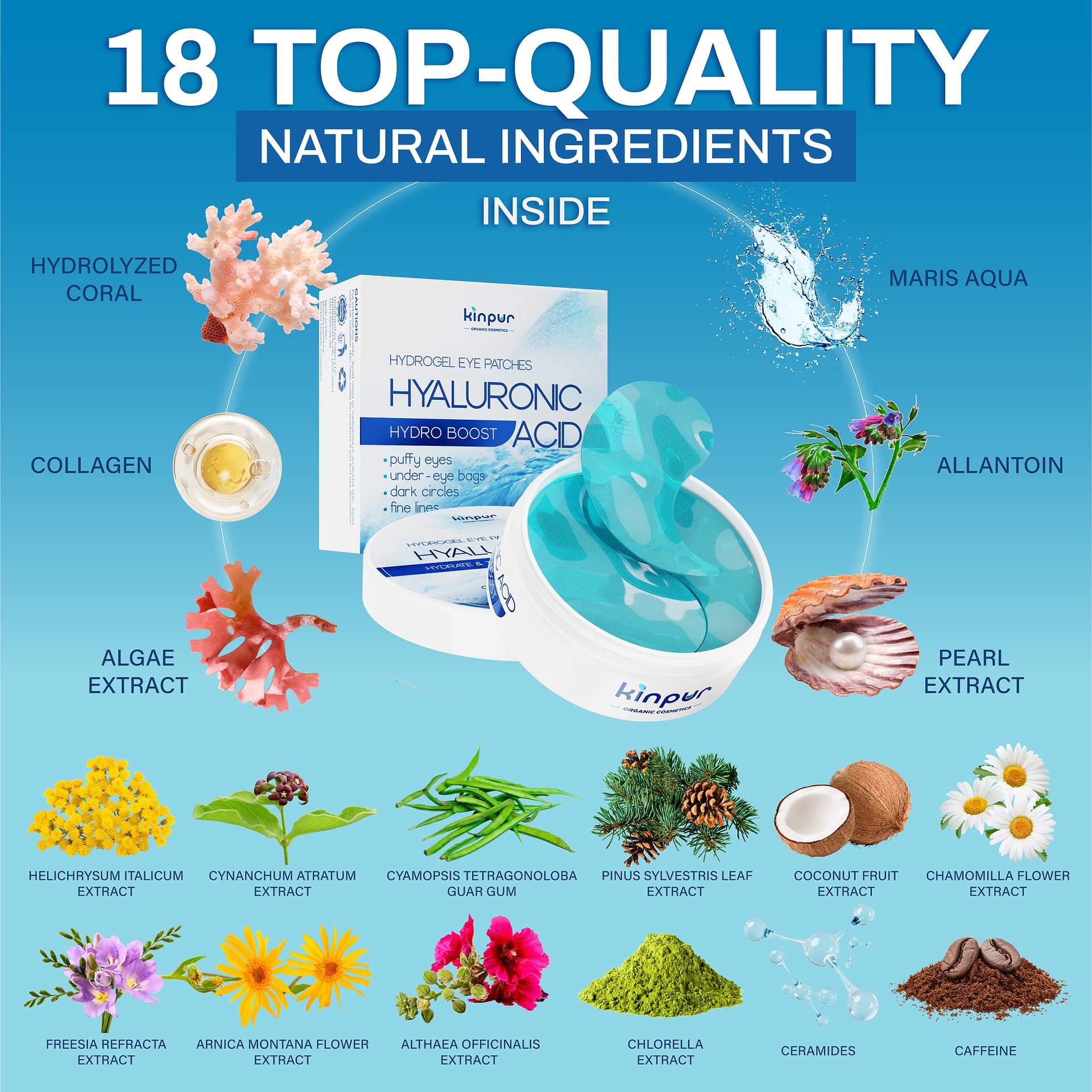 KINPUR ORGANIC COSMETICS Under Eye Patches for Puffy Eyes - Hyaluronic Acid and Collagen - Under Eye Mask for Eye Bags, Dark Circles, Fine Lines - Deep Skin Moisturizing - 30 Pairs, American Quality