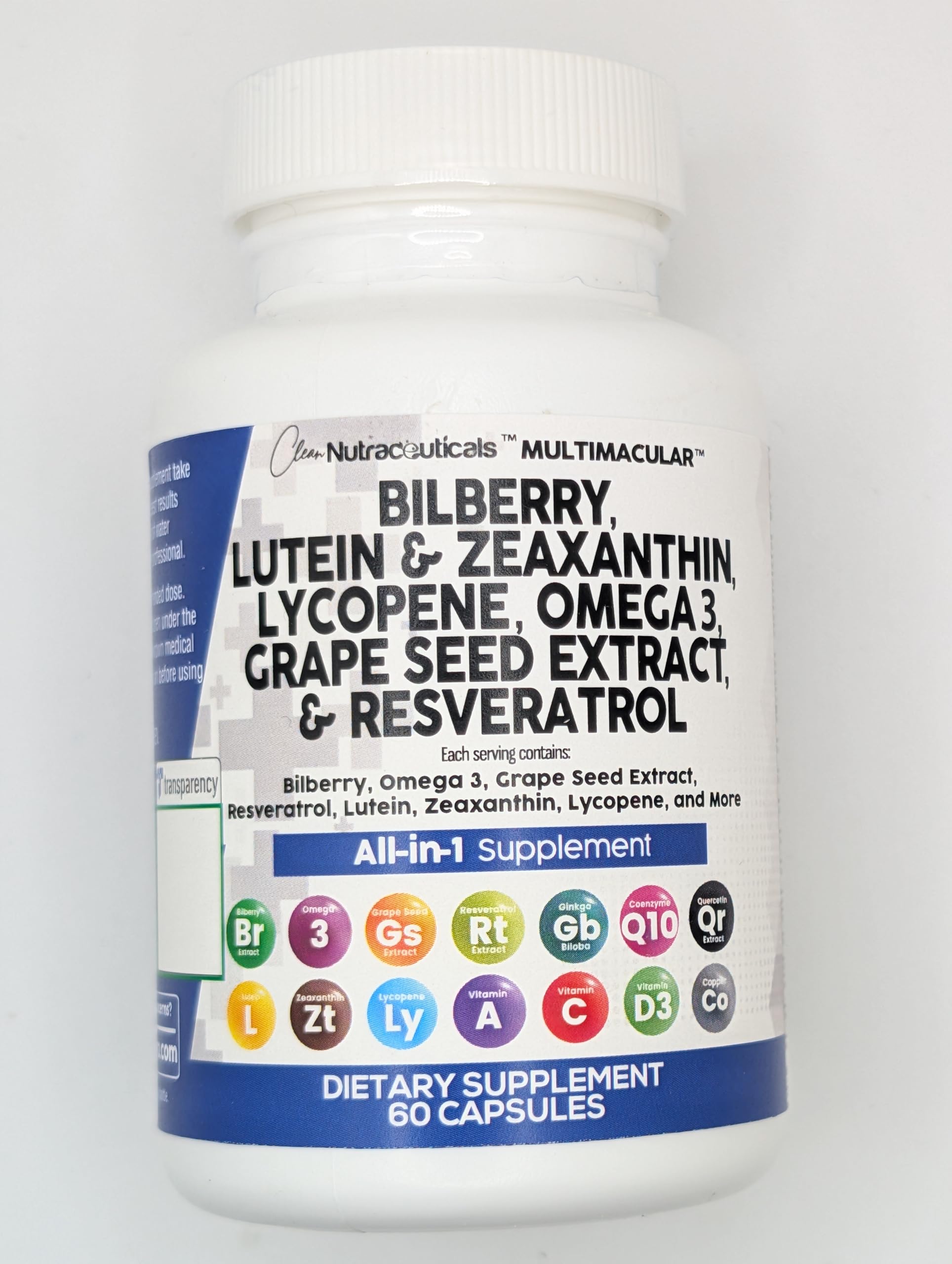 Clean Nutraceuticals Eye Health Vitamins with Bilberry Lutein & Zeaxanthin 40mg Lycopene 40mg Resveratrol Grape Seed Extract Omega 3 Astaxanthin - Eye Vitamin - 60 Capsules
