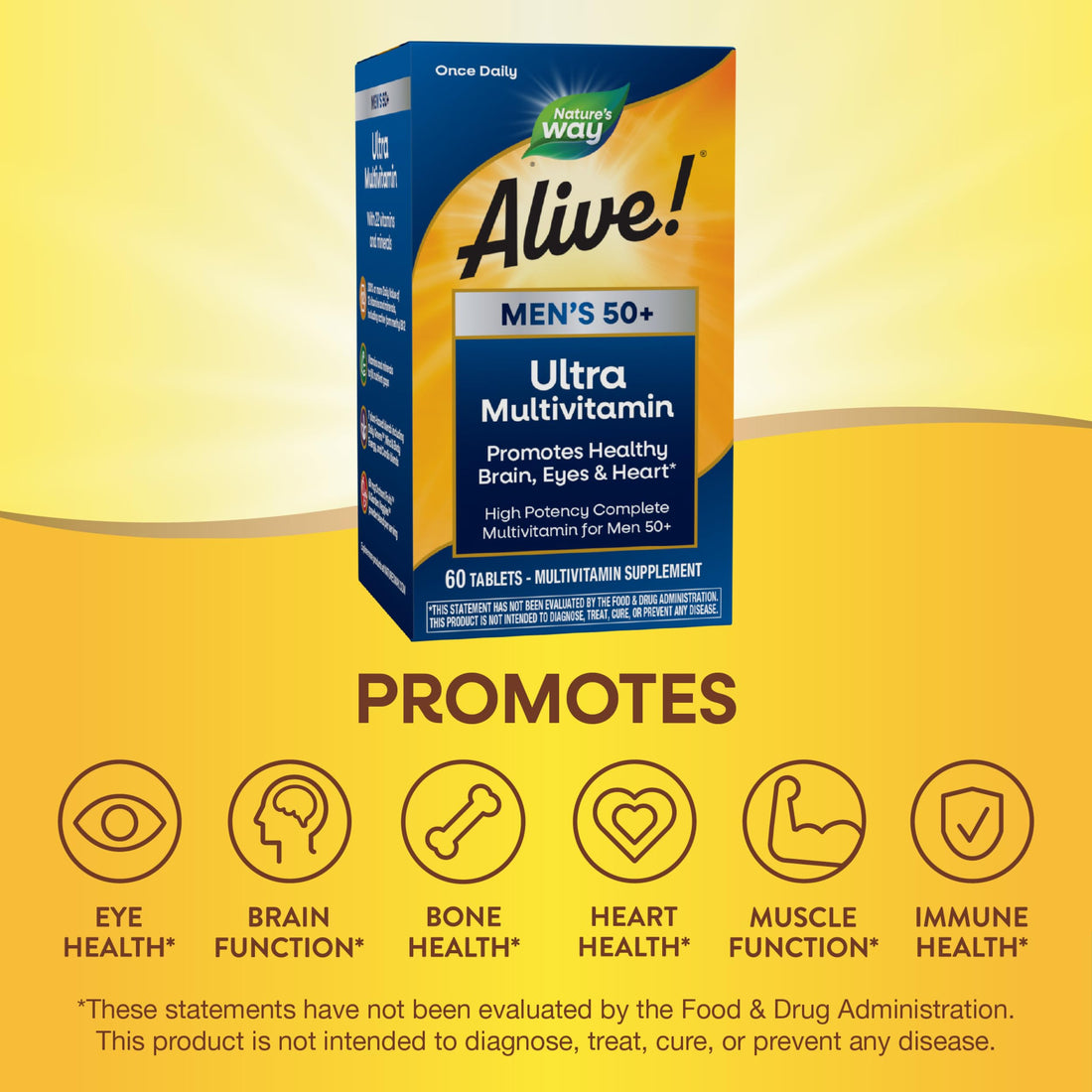 Nature's Way Alive! Men’s 50+ Daily Ultra Multivitamin, High Potency Formula, Supports Healthy Brain, Eyes & Heart*, with Methylated B12, Gluten-Free, 60 Tablets (Packaging May Vary)