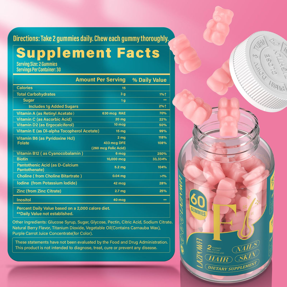 Lazpowfi Biotin Gummies -Hair Skin and Nails Vitamins for Men & Women, Vegan Vitamin B7, Supports Hair Growth and Stronger Nails,30 Day Supply - Raspberry-60 Count