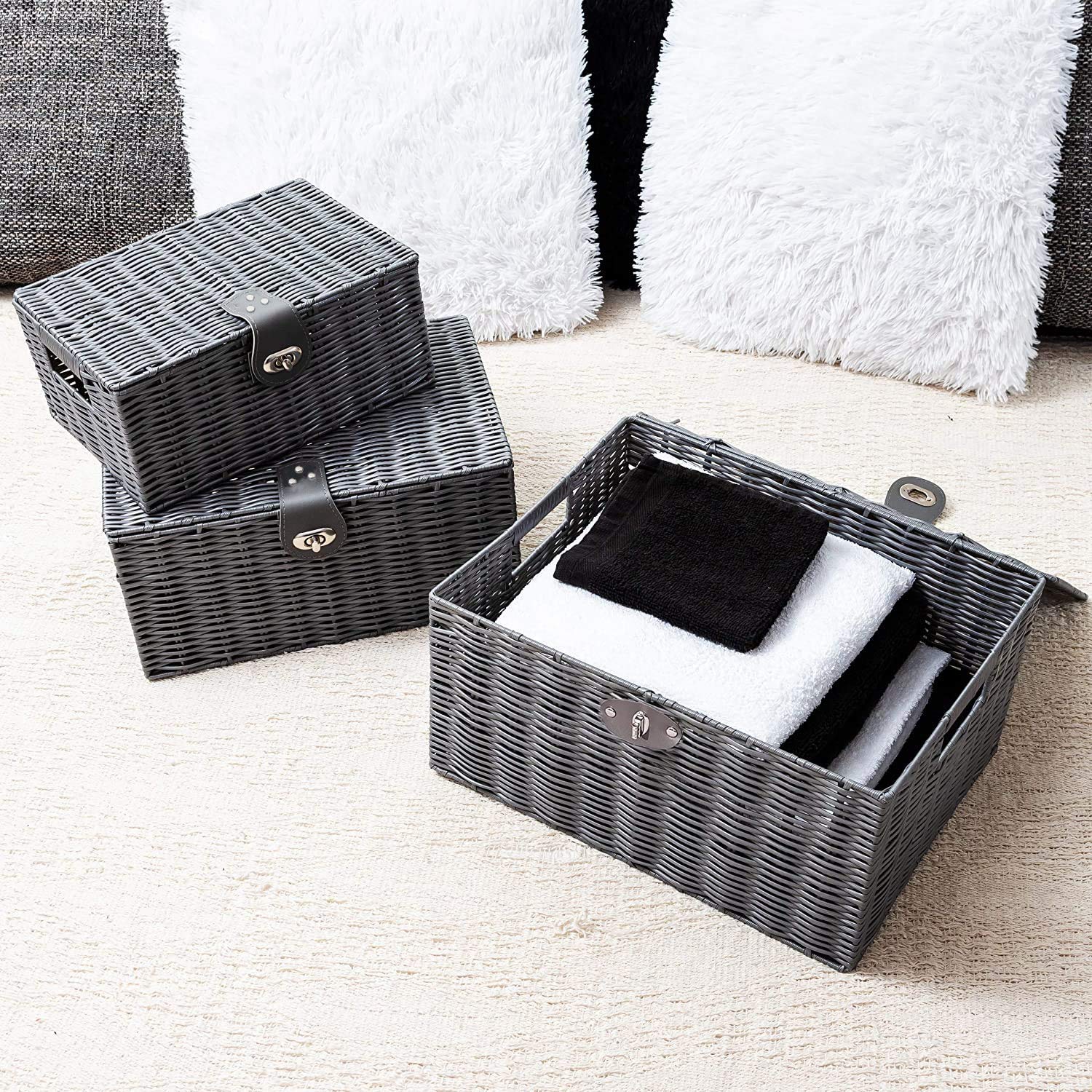 Homepeaz Set of 3 Woven Storage Basket Bin Wicker Hamper Stackable Box with Lid & Lock, Container Tote Cube Organizer for Nursery, Baby Toiletry, Diaper, Toys, Home Closet, Laundry, DVD, Book (Grey)