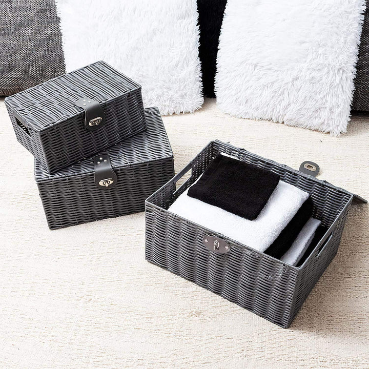 Homepeaz Set of 3 Woven Storage Basket Bin Wicker Hamper Stackable Box with Lid & Lock, Container Tote Cube Organizer for Nursery, Baby Toiletry, Diaper, Toys, Home Closet, Laundry, DVD, Book (Grey)