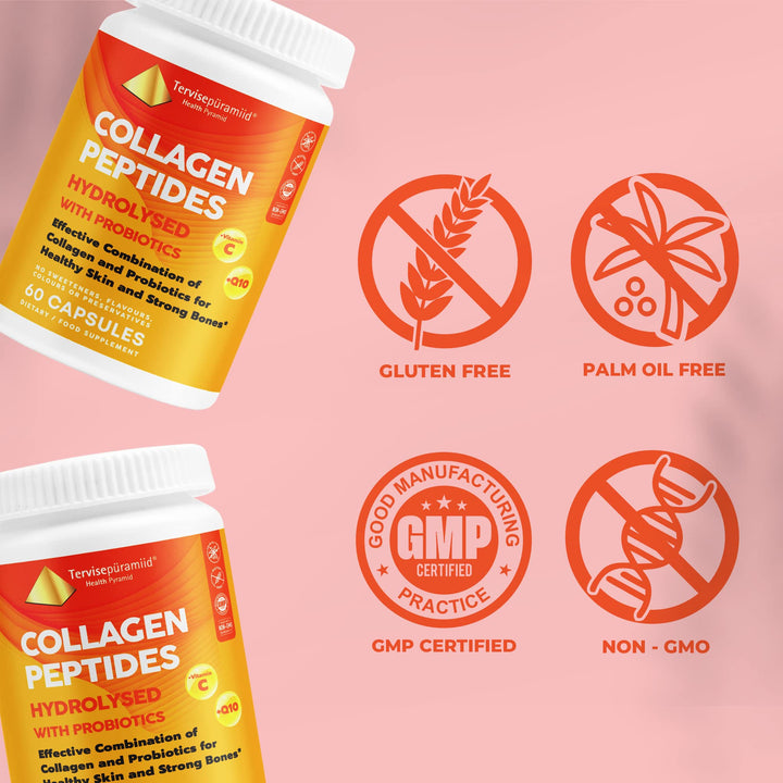 Health Pyramid Collagen Peptides Capsules Hydrolysed with Probiotics, Vitamin C, and Coenzyme Q10 for Healthy Skin and Strong Bones, Collagen Capsules for Women and Men