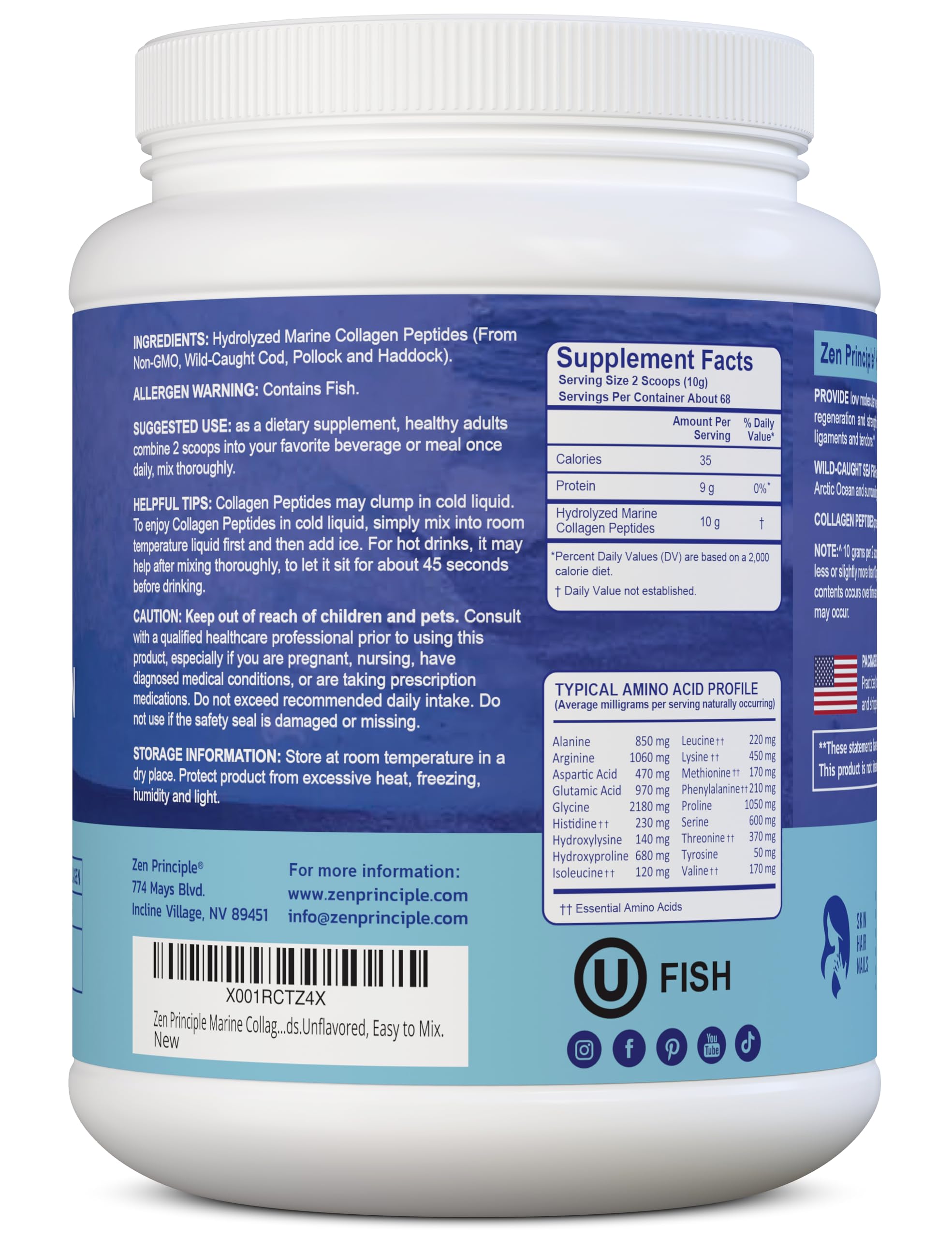 Zen Principle Marine Collagen Peptides Powder 1.5 lb. Wild-Caught Fish, Non-GMO. Supports Healthy Skin, Hair, Joints and Bones.Hydrolyzed Type 1 & 3 Protein. Amino Acids.Unflavored, Easy to Mix.