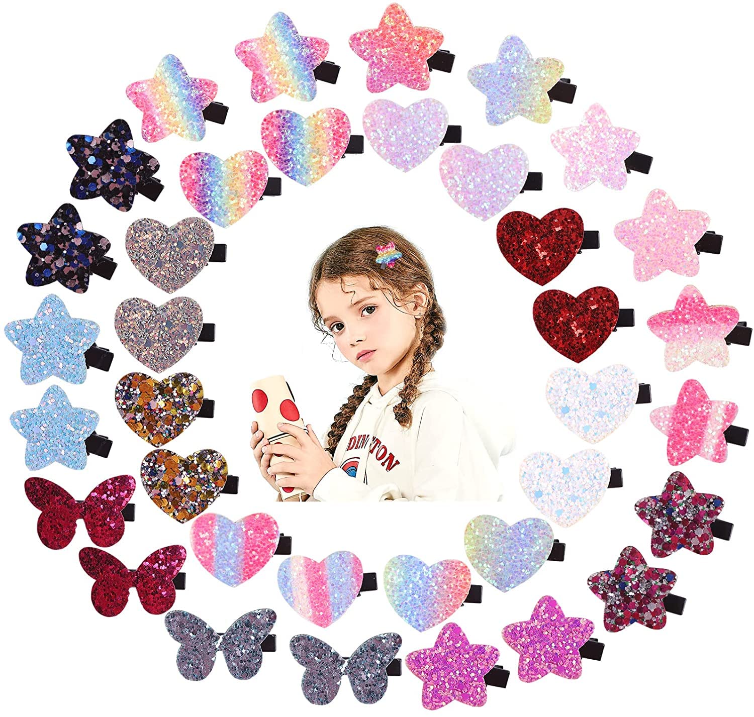 Fishdown Sparkle Sequins Hair Accessories for Girls: 36 Pcs Star, Heart, Butterfly Hair Clips, Barrettes, and Alligator Clips for Toddlers