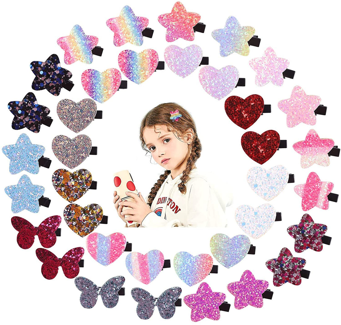 Fishdown Sparkle Sequins Hair Accessories for Girls: 36 Pcs Star, Heart, Butterfly Hair Clips, Barrettes, and Alligator Clips for Toddlers