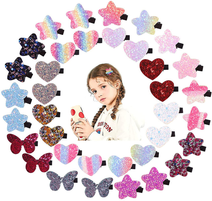 Fishdown Sparkle Sequins Hair Accessories for Girls: 36 Pcs Star, Heart, Butterfly Hair Clips, Barrettes, and Alligator Clips for Toddlers