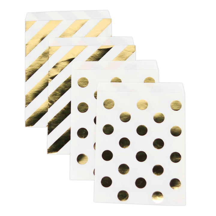 Andaz Press Gold Foil Favor Bags, Polka Dots and Striped, 24-Pack, Shiny Metallic Colored Wedding Birthday Baby Shower Classroom Party Supplies Decorations