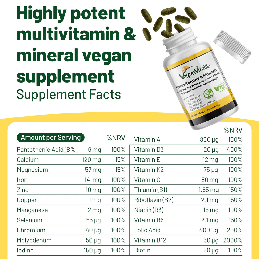 Vegan Vitality Multivitamins & Minerals for Women and Men with High Strength Vitamin B12, D3 & K2. 180 Vegan Multivitamin Tablets - 6 Months Supply. Vitamins for Vegans & Vegetarians