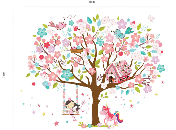 Kath & Cath Unicorn Wall Decal, Pink Fairy Cherry Blossom Tree Wall Sticker for Girls Kids Bedroom Play Room Wall Mural Wall Home Decoration
