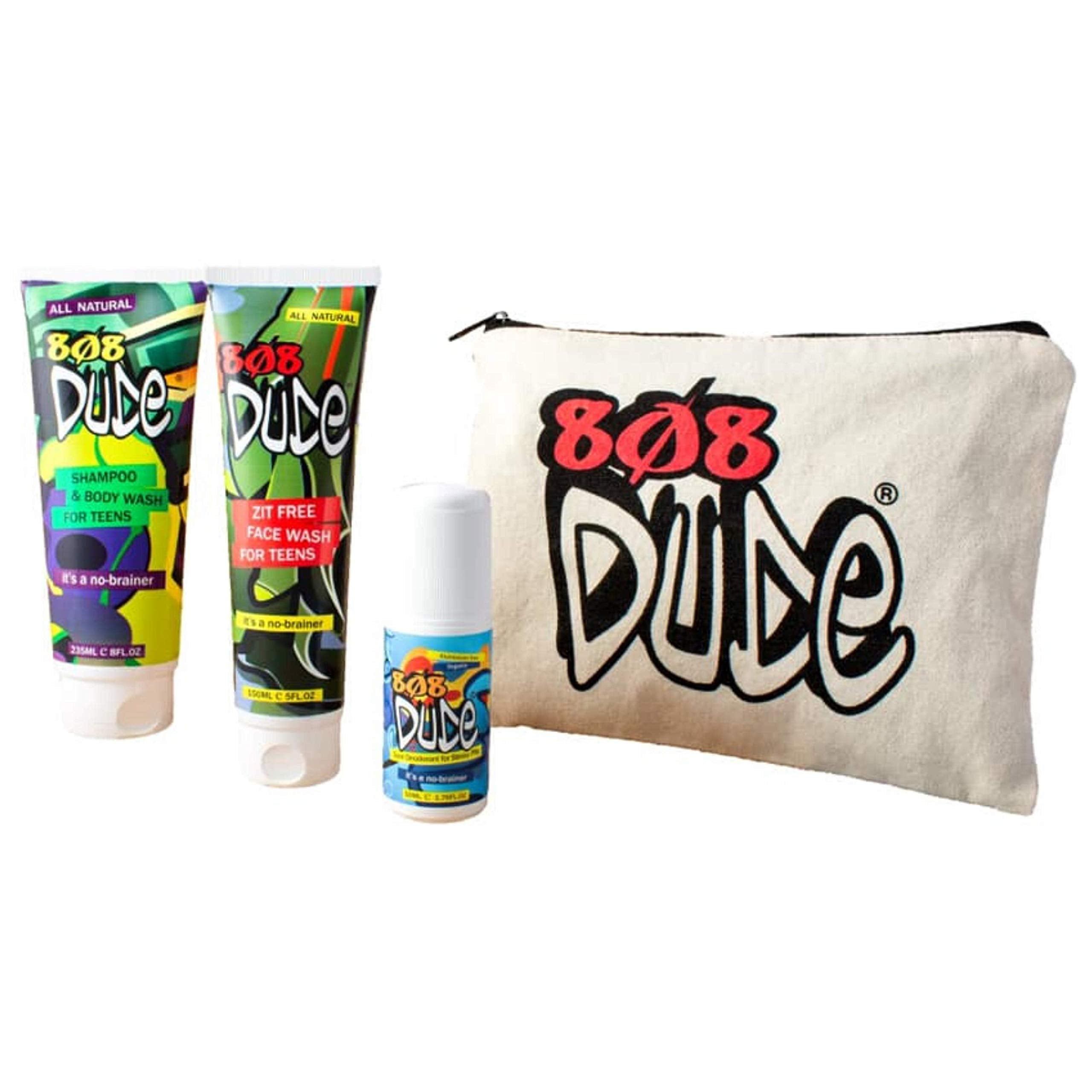 808 Dude Skincare Kit for Teens. Shampoo & Body Wash, Face Wash & Deodorant with Eco-Friendly Cotton Toiletry Bag