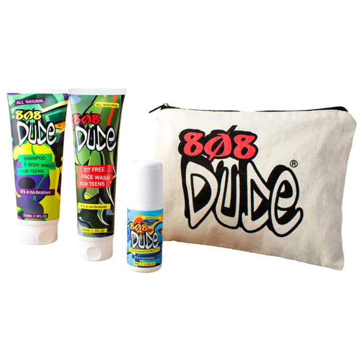 808 Dude Skincare Kit for Teens. Shampoo & Body Wash, Face Wash & Deodorant with Eco-Friendly Cotton Toiletry Bag