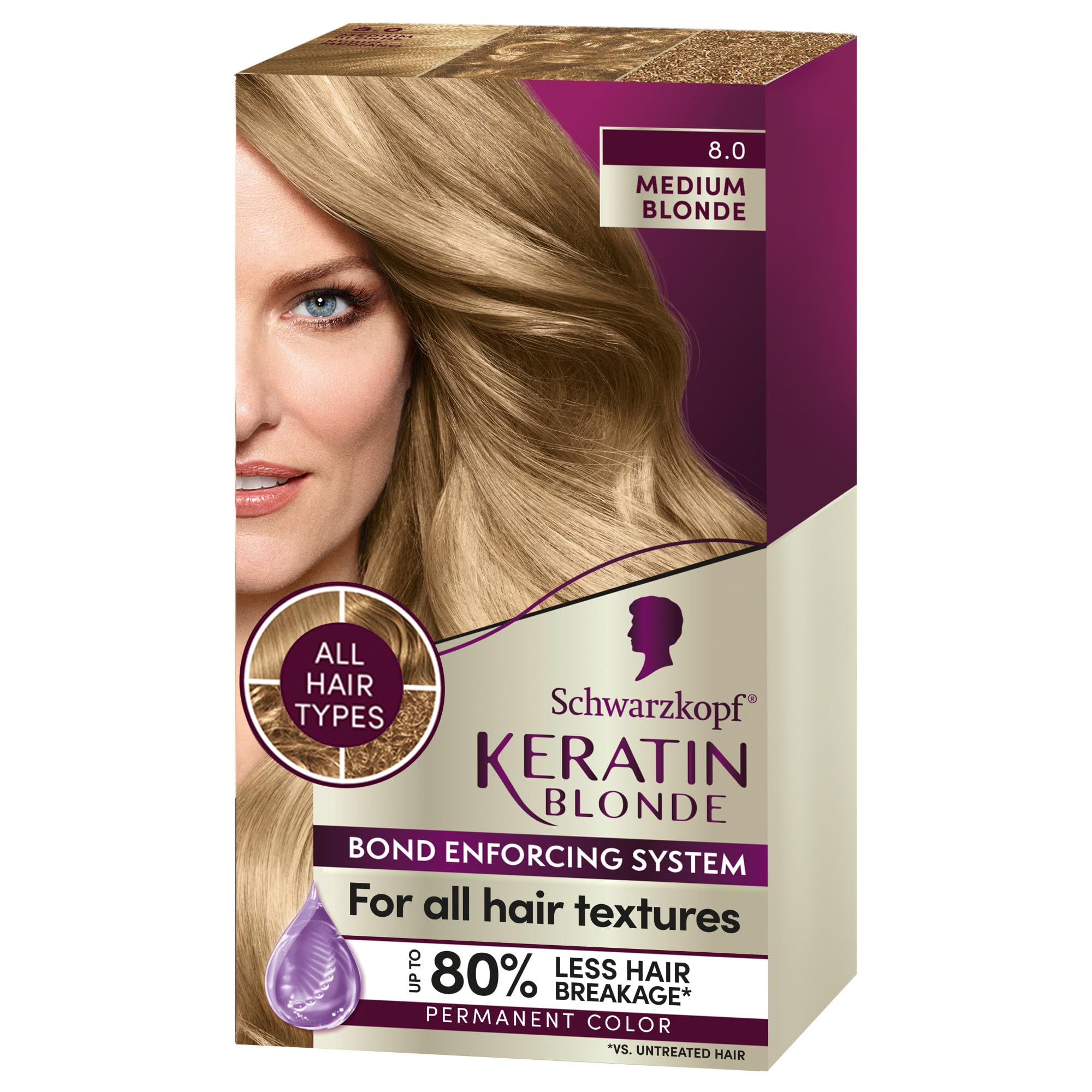 Schwarzkopf Keratin Color Permanent Hair Color, 8.0 Medium Blonde, 1 Application - Professionally Inspired Permanent Hair Dye