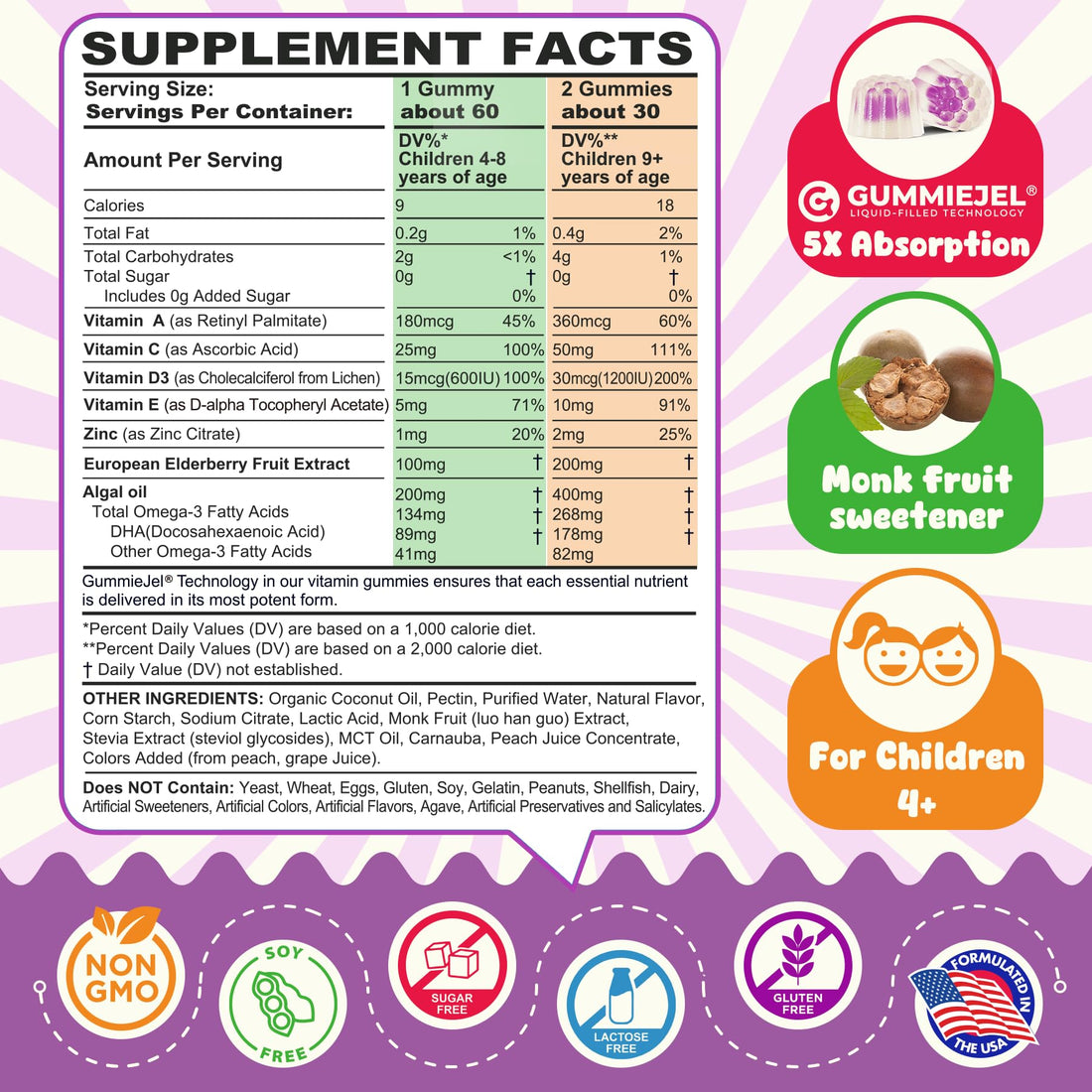 Kids Elderberry + Vitamin C D3 & Zinc Immune Support Gummies for 4+, Omega-3, Vitamin A, E, Childrens Multi Vitamins for Immunity, Bone Growth & Eye Health | Sugar Free, No Artificial Flavors, 60 CT