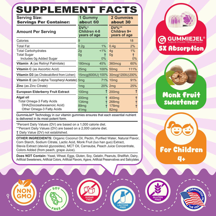 Kids Elderberry + Vitamin C D3 & Zinc Immune Support Gummies for 4+, Omega-3, Vitamin A, E, Childrens Multi Vitamins for Immunity, Bone Growth & Eye Health | Sugar Free, No Artificial Flavors, 60 CT