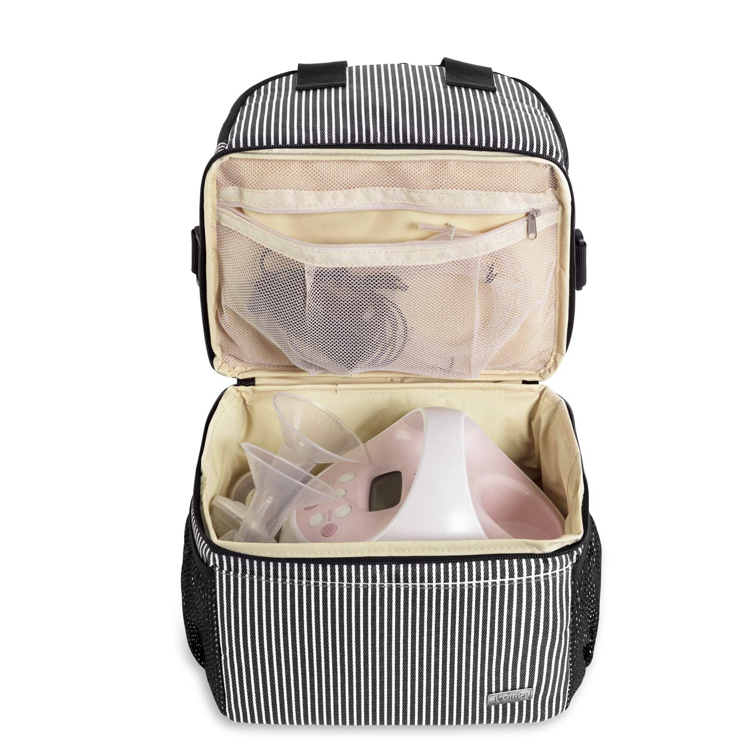 Teamoy Breast Pump Tote with Cooler Compartment for Milk Bottles and More, Double Layer Pumping Bag for Working Moms, Black and White Stripes