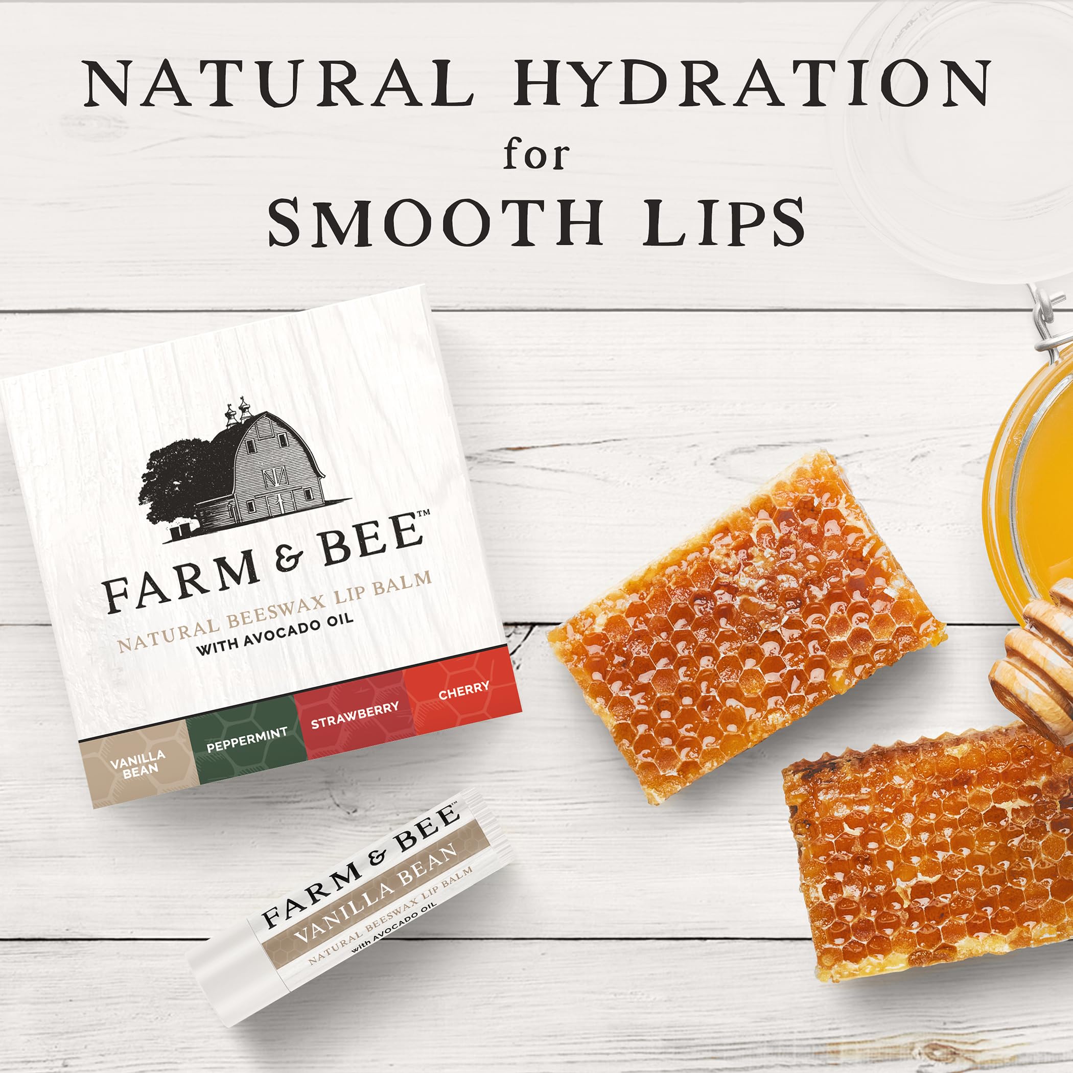 Natural Lip Balm – Variety Pack - Organic & Natural Ingredients - Beeswax Based Lip Care Chapstick - Great Gift - Farm & Bee - 0.15oz (Pack of 4 - Vanilla Bean/Peppermint/Strawberry/Cherry)