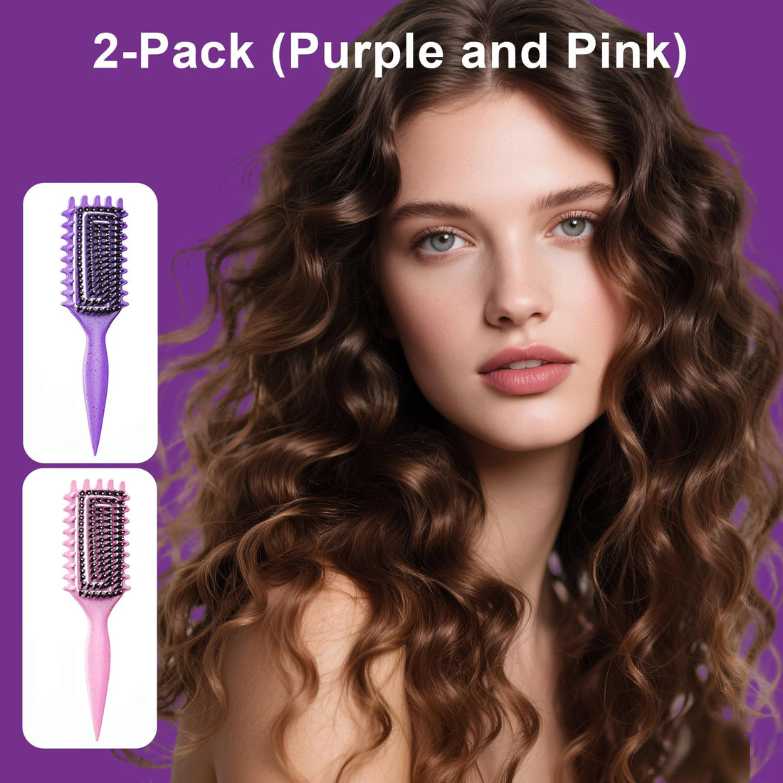 2-Pack Curly Hair Brush, Curl Defining Brush with Soft Boar Bristles Detangling Tangled Glides, Wide-Teeth Design Effortlessly Shaping & Defining Curls, Curling Definer for Wet & Dry Hair(Pink Purple)