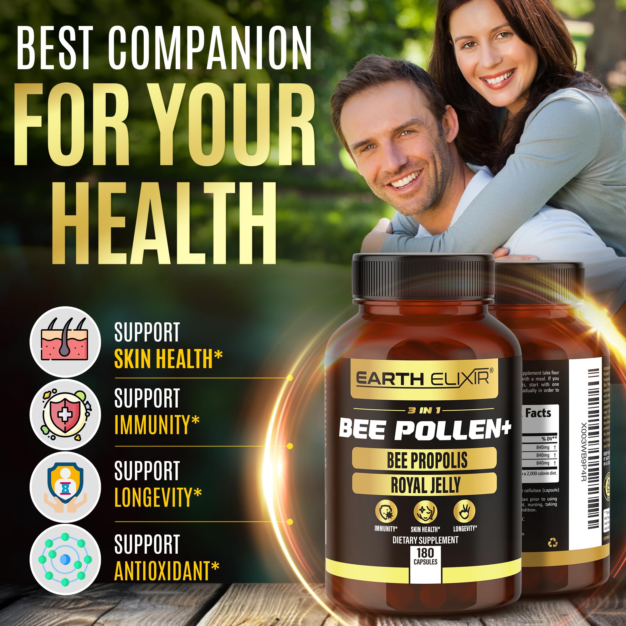 Earth Elixir 3-in-1 Bee Pollen Organic 840mg (180 Caps) W/ 840mg Bee Propolis Capsule & 840mg Royal Jelly Capsule - 3rd Party Tested - Bee Pollen Supplement - Organic Bee Pollen Capsule -No Fillers