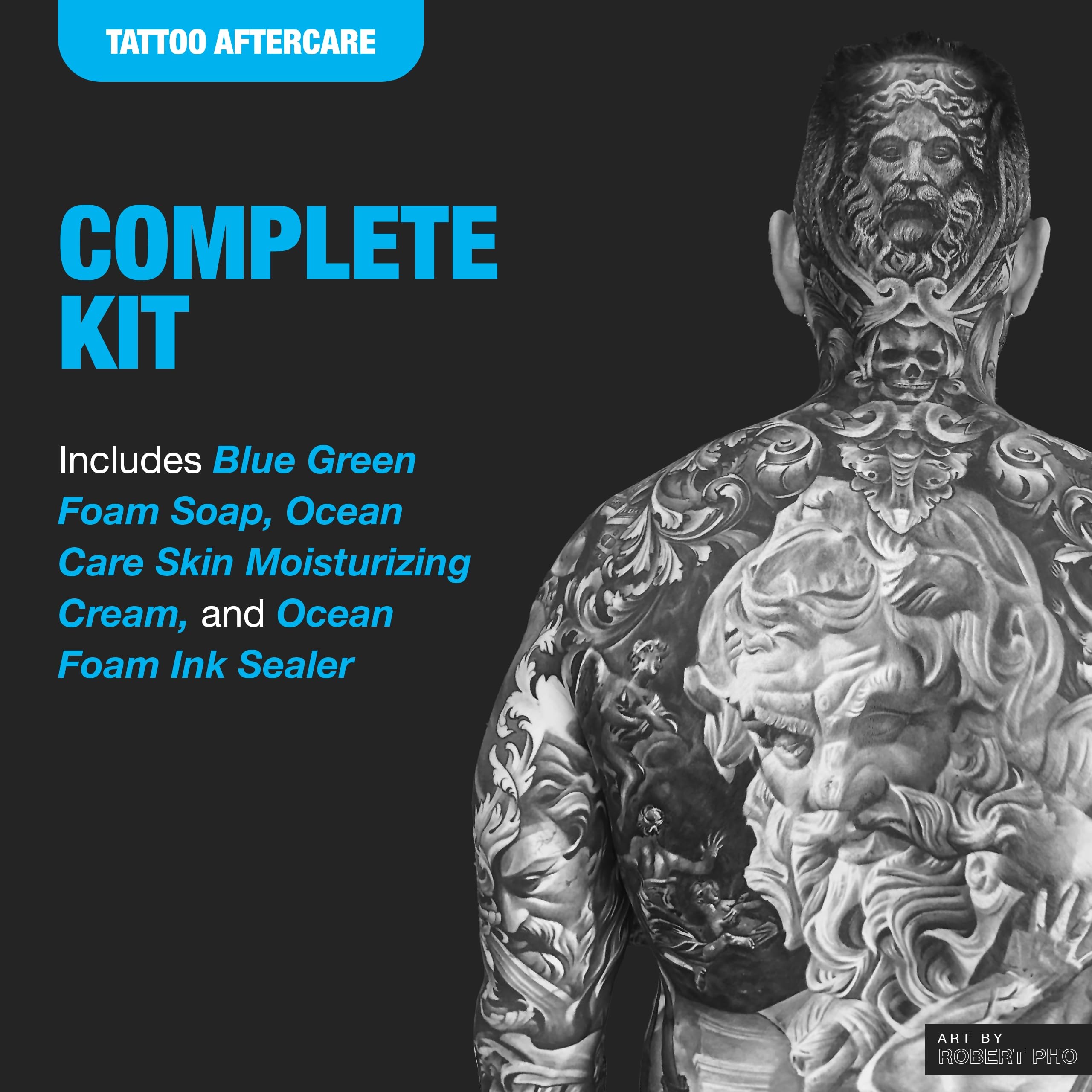 H2Ocean Ultimate Tattoo Care Kit for a Faster Heal - Tattoo Skincare Regimen - 1.7 oz Blue Green Foam Soap, 2.5 oz Ocean Care Skin Moisturizing Cream & 2 oz Ocean Foam Skin Moisturizing Soap