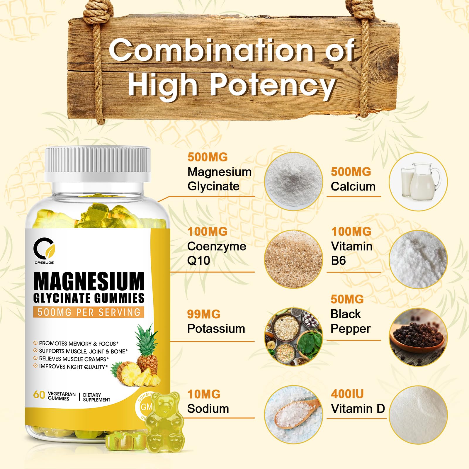 (1 Pack) Magnesium Glycinate Gummies, High-Absorption Magnesium Supplement with Calcium & Vitamins, Support Bone, Muscle, Night, Memory & Mood, Vegan, Non-GMO, 60 Counts, Pineapple Flavor