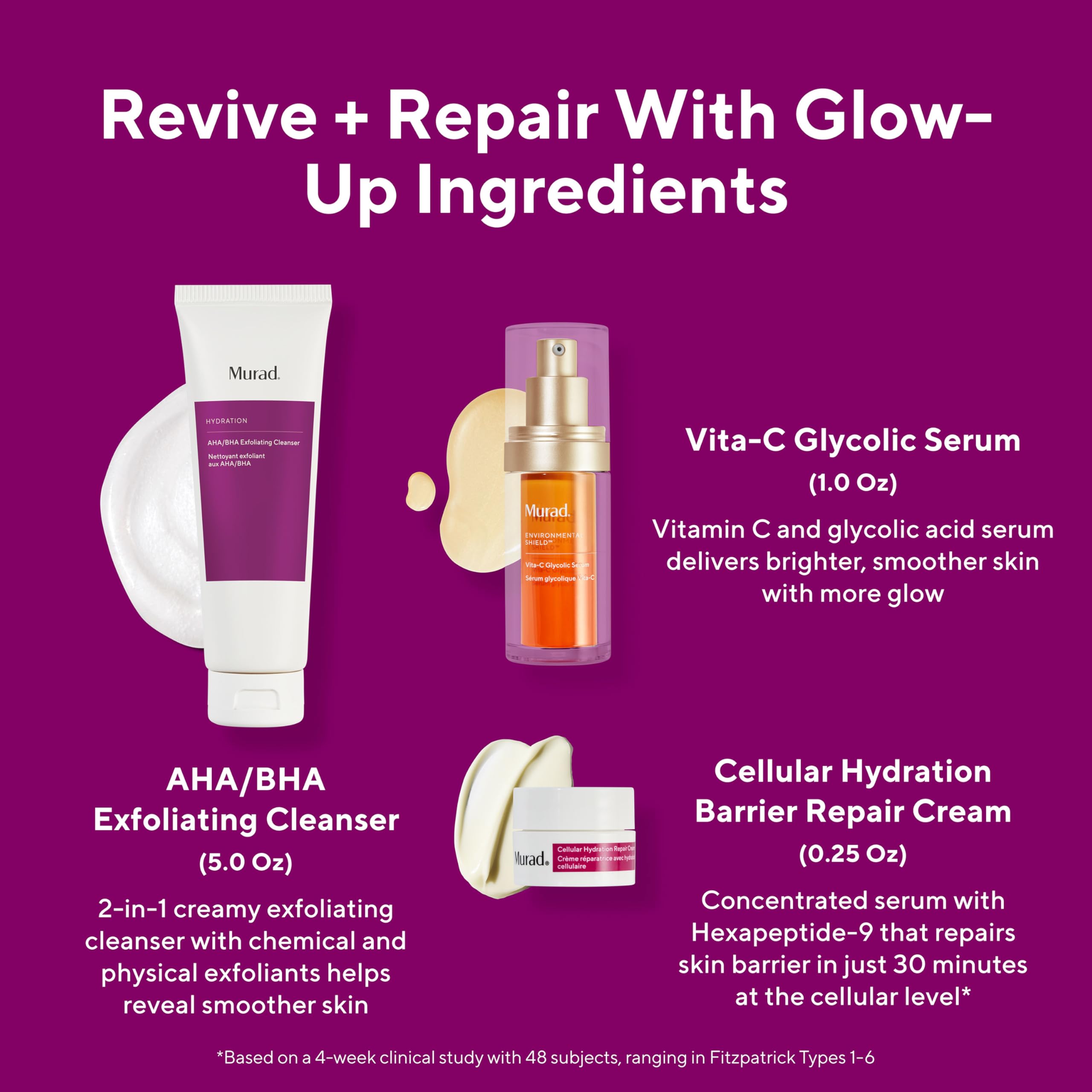 Murad Revive + Repair w/ Glow Up Ingredients - 3-Piece Set ($135 Value) - Regimen for Total Skin Health - AHA/BHA Cleanser 5.0Fl Oz, Glycolic Serum 1.0Fl Oz, Cellular Hydration Cream 0.25Fl Oz
