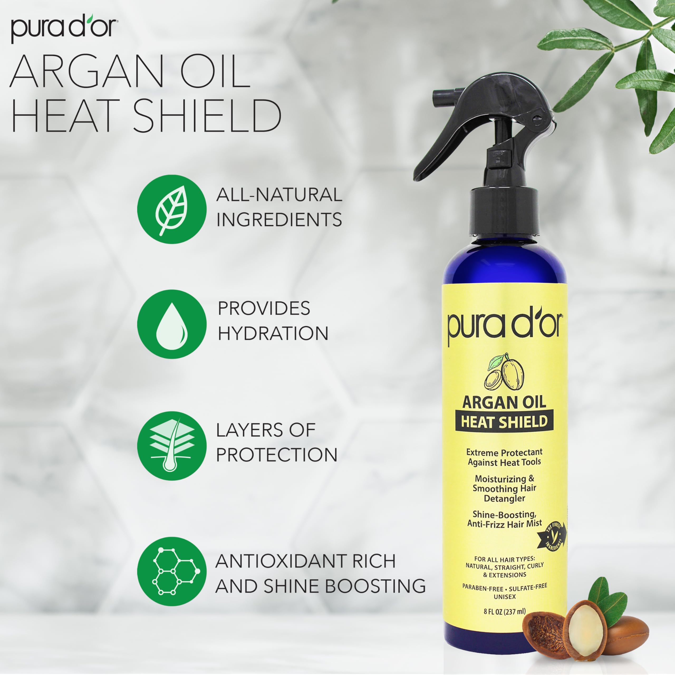 PURA D’OR Argan Oil Heat Shield Protectant Spray (8oz / 237mL) Infused w/ Organic Argan Oil: Protect up to 450º F from Flat Iron & Hot Blow Dry. Leave-In Conditioner: Define & Shine Dry & Damaged Hair